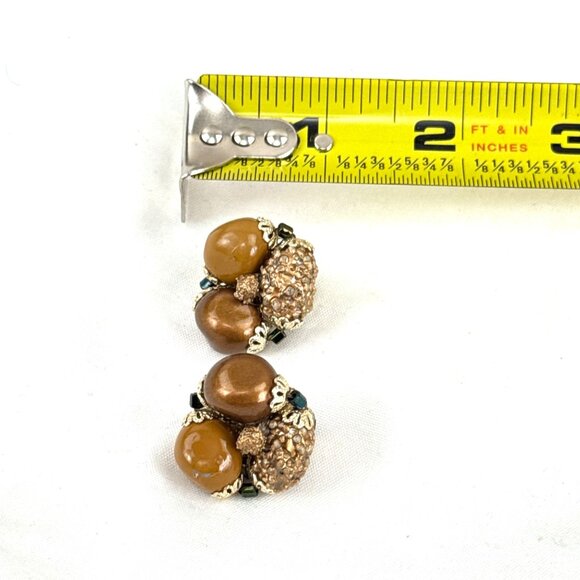 Vintage Amber Cluster Japan Clip-On Earrings Germany Gold Tone Beaded Statement - Picture 6 of 6